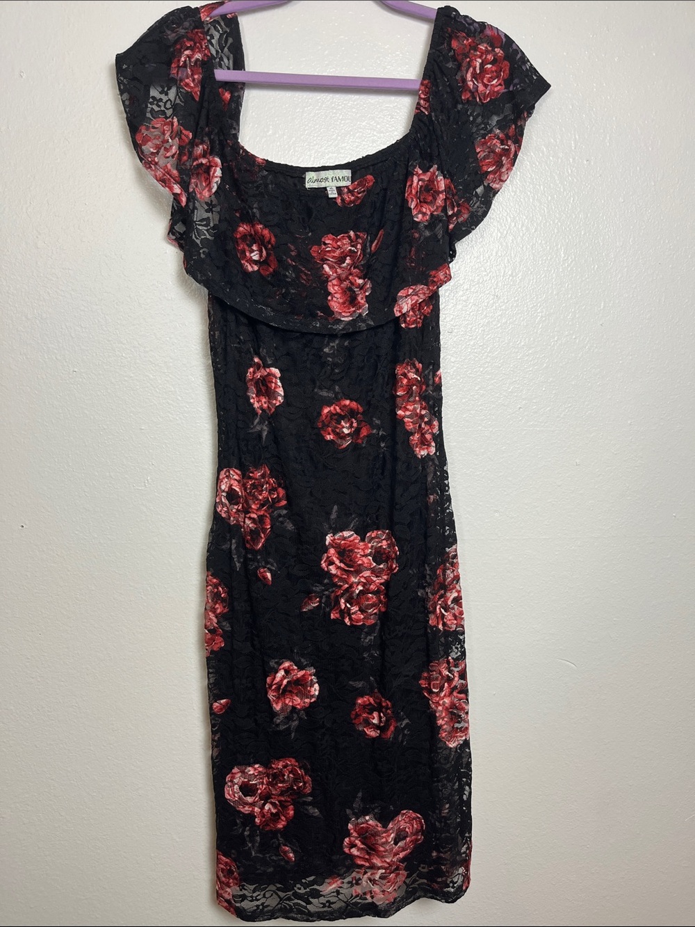 Almost Famous Black Lace Midi Dress with Pink Rose Print